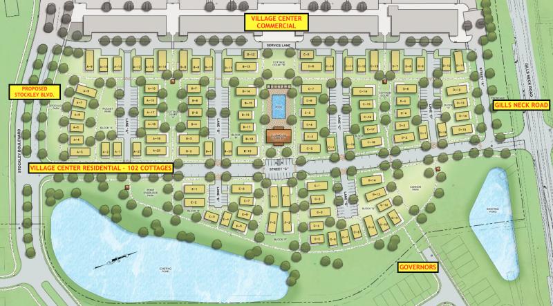 The Village Center Cottages site plan includes 102 cottage-style multifamily units on a 25.5-acre parcel near the Kings Highway-Gills Neck Road intersection. DAVIS, BOWEN, FRIEDEL GRAPHIC